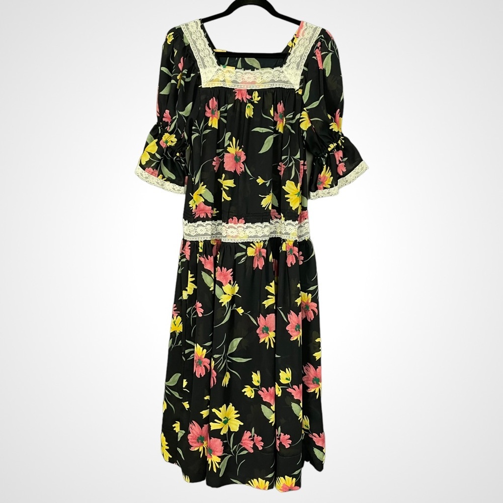 Handmade‎ Muumuu Dress Sheer Black Floral Puffed Sleeve Dropped Waist Lace Midi